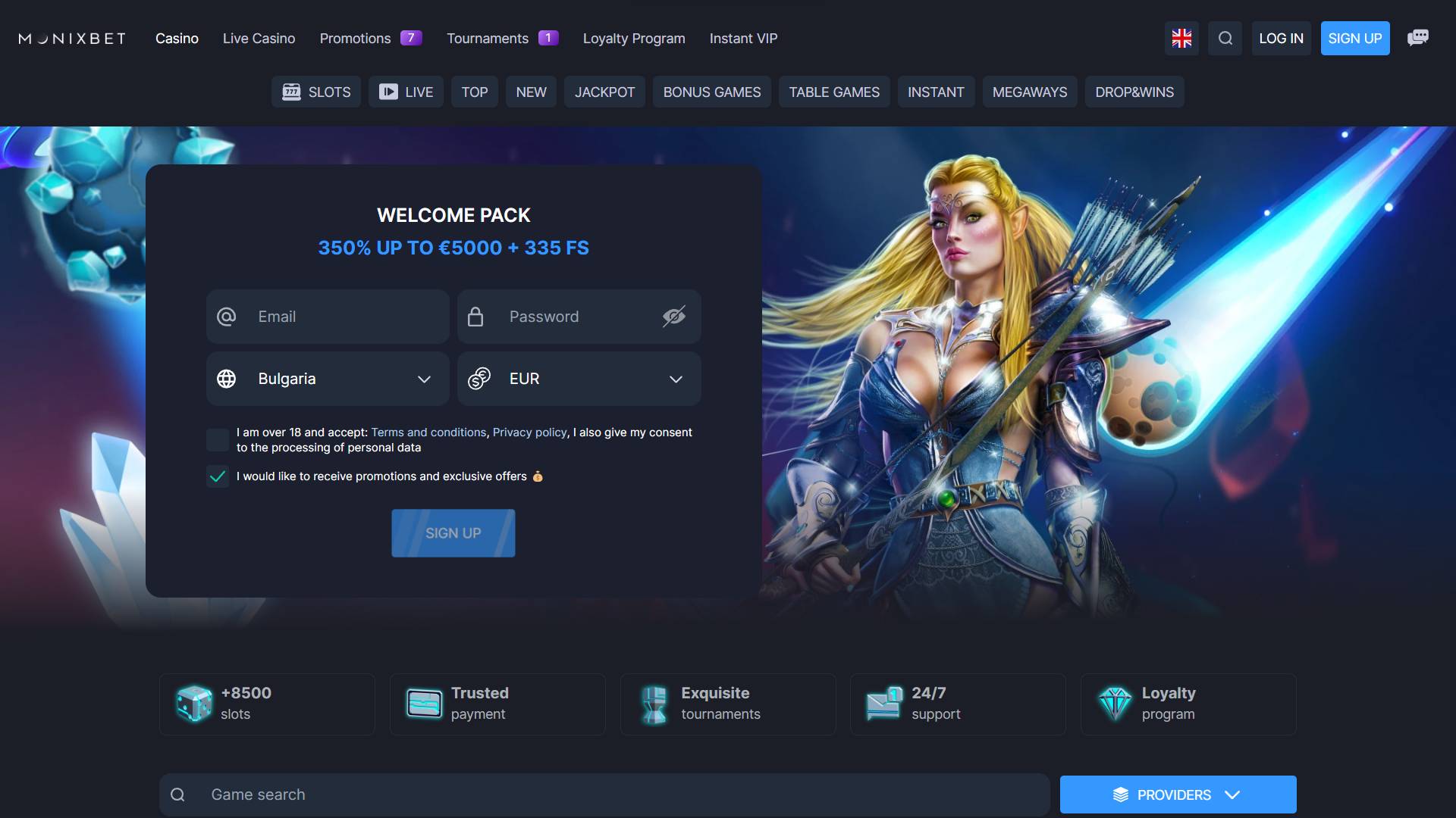 Monixbet casino homepage screenshot